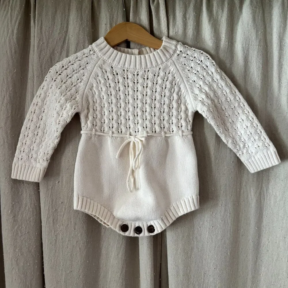 Sweater Knit Cream Cotton Winter Easter Baby One Piece Longsleeve 3-9MOS (READ)